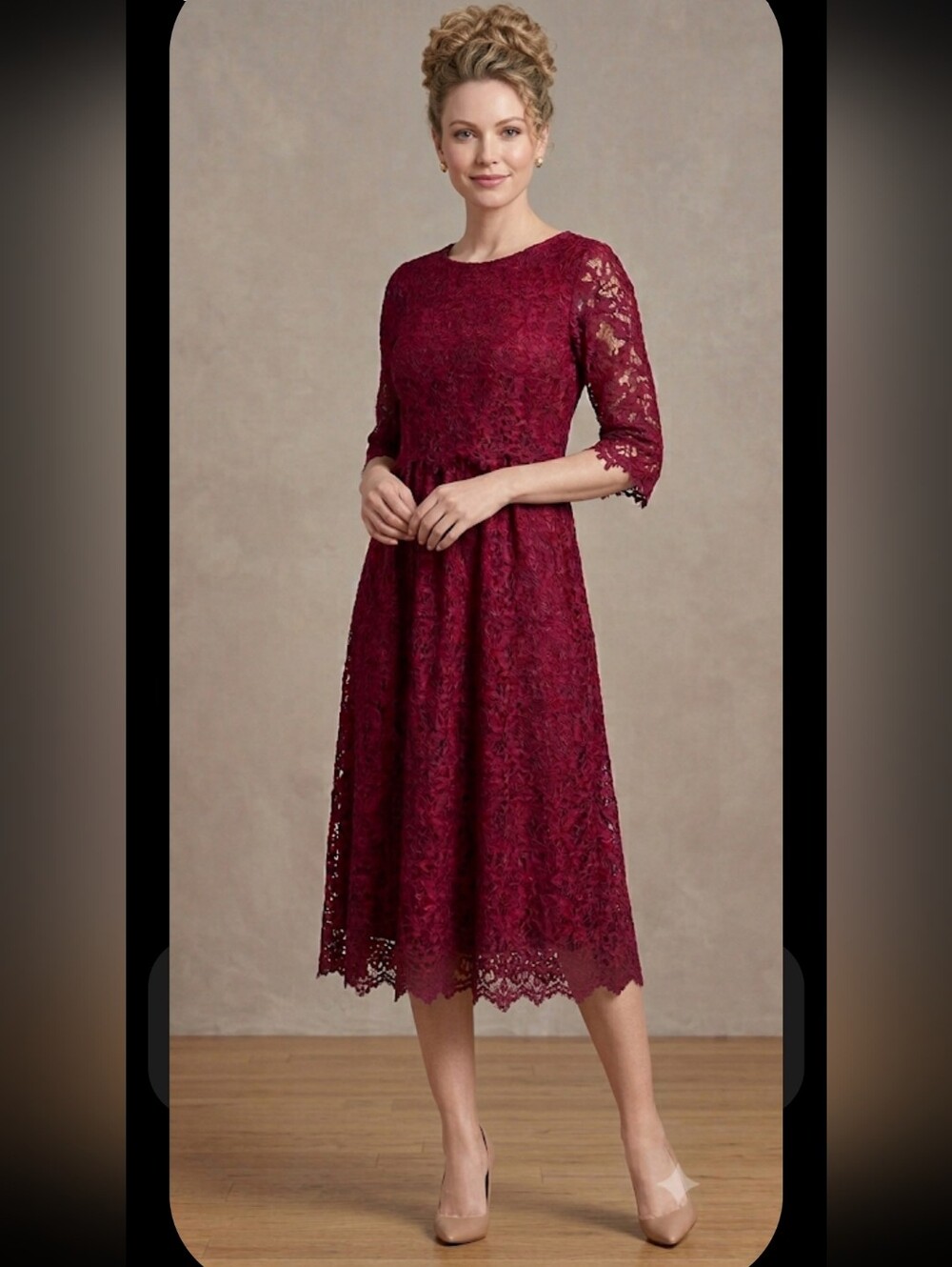 Hidden Alley Elegant Lace Midi Dress in Burgundy